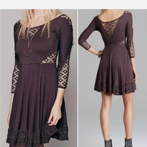 Free People Charcoal To The Point Lace Long Sleeve Dress